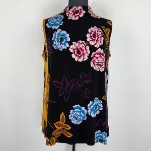 Marallis Women’s Mock Neck Blouse L Black Floral A-Line Sleeveless Curved Hem